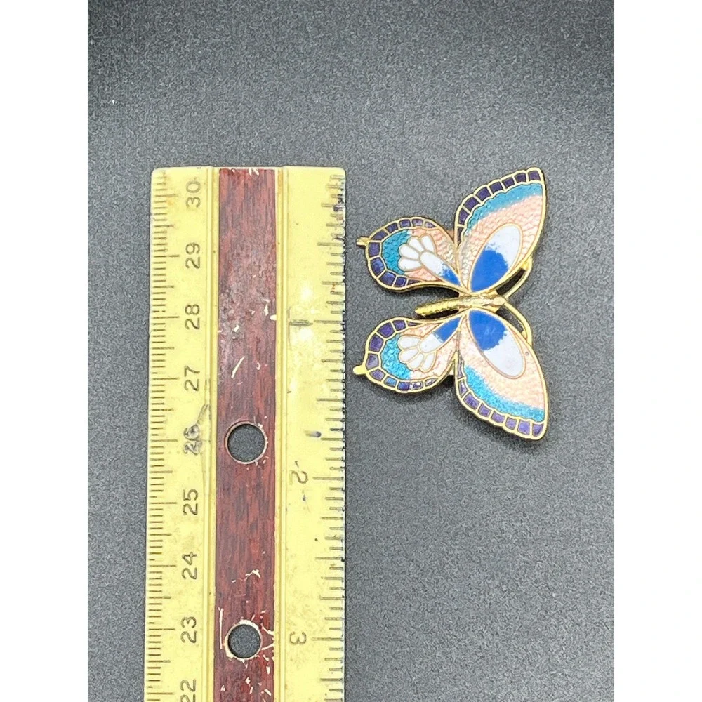 Vtg Enamel Butterfly Brooch Pin‎ Gold Tone Blue Pink White Artistic Whimsical